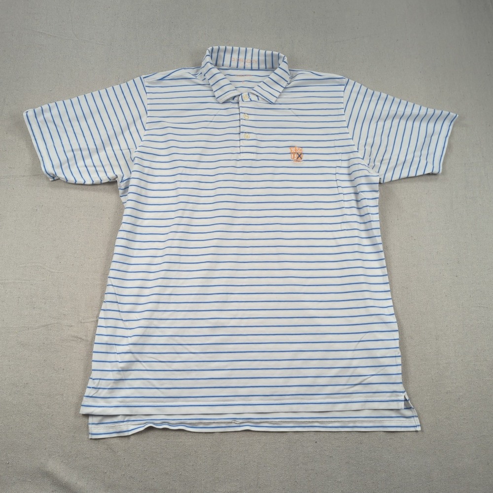 B Draddy Shirt Mens Large White Striped Golf Polo Logo Stretch